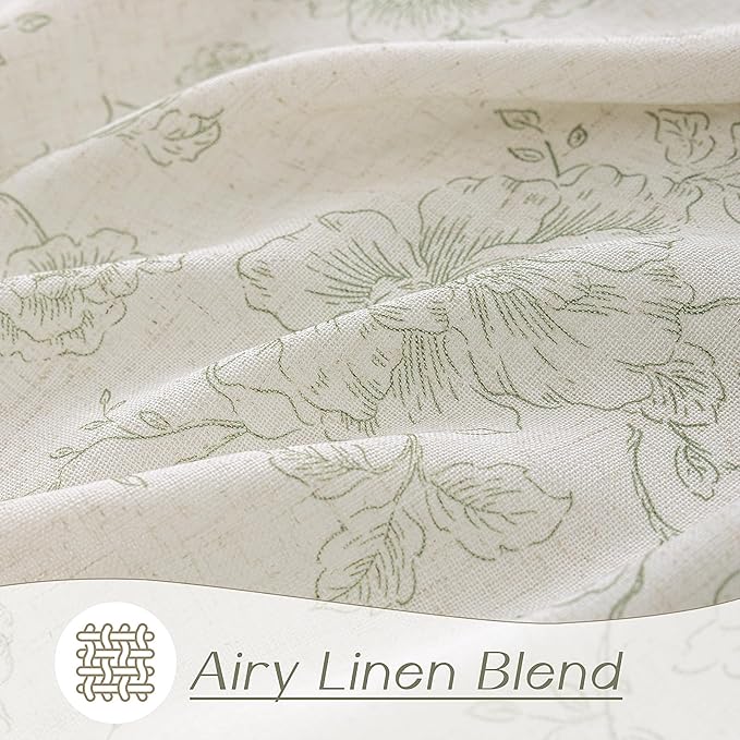 Green Floral Curtains 84 inch Length Back Tab Farmhouser Living Room Light Filtering Curtains Green Pattern Print on Cream White Linen Curtain Minimalist Aesthetic Sketch Style Vintage Room Decor