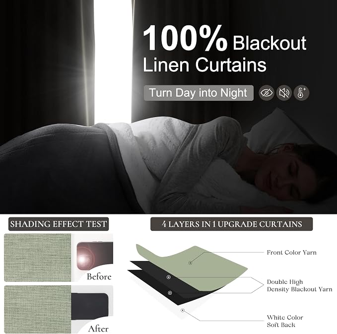 Sage Green Blackout Linen Curtains 90 Inches Long for Living Room Bedroom, Pleated Window Track Curtain with Pin Hooks Belt Boho Light Green Drapes Thermal Insulated (50"Wx90"Lx2Panels) Back Tab