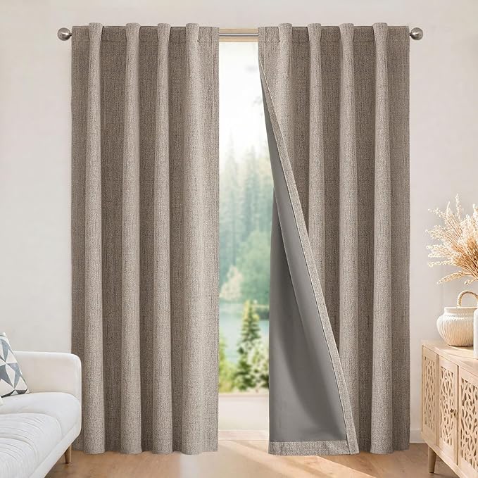 Joydeco Blackout Curtains for Bedroom - 100% Light Blocking 2 Panels Set Linen Drapes 66" W x 96" L, Thermal Insulated Room Darkening Curtains, Linen Textured for Living Room, Rod Pocket & Back Tabs