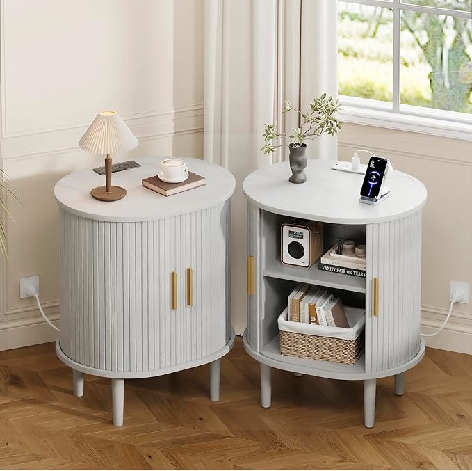 DHH Mid Century Modern Nightstand Set of 2 with Charging Station, Fluted Accent Side Table with Sliding Door & Adjustable Shelf, End Table for Small Space, Living Room, Bedroom,Sofa Couch, White