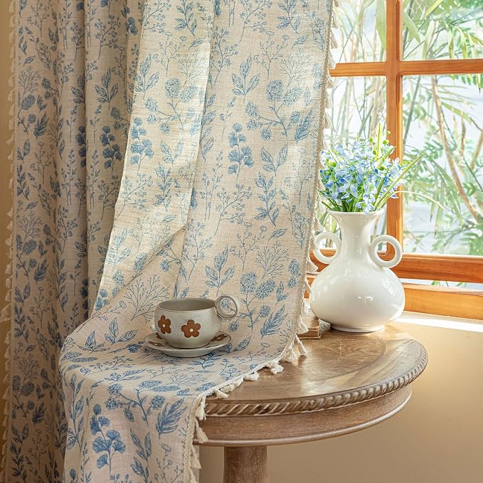 OYX Blue Boho Floral Curtains 96 Inch,Linen Farmhouse Leaf & Flower Drapes with Tassels, Light Filtering Semi Sheer Curtains for Living Room Bedroom, 2 Panels, Rod Pocket, 52Wx96L