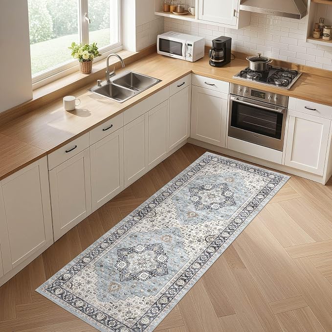 Runner Rug Kitchen Washable Rugs: 3x10 Non-Slip Boho Vintage Distressed Stain Resistant Indoor Neutral Farmhouse Throw Carpet for Hallway Bathroom Laundry Room Entryway Bedroom- Blue Tan