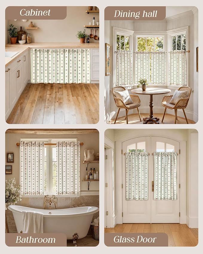 Miss Adola Farmhouse Kitchen Tier Curtains - 45 Inch Length Linen Blend Floral Cafe Curtains Green Stripe Small Window Treatment Over Sink Rod Pocket for Bathroom Living Room Light Filtering, 2 Panels