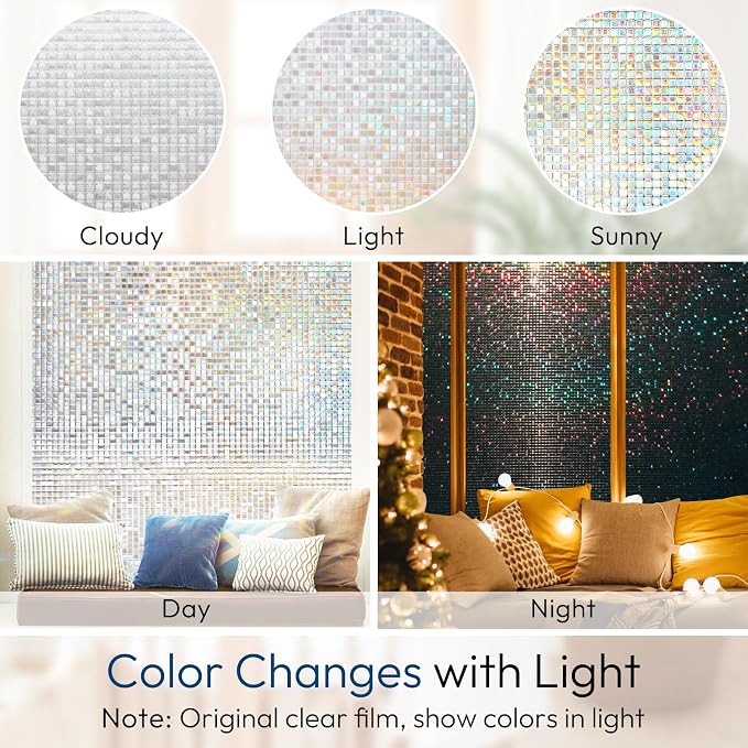 rabbitgoo Window Privacy Film, Mosaic Stained Glass Film, 23.6" x 118.1" | Rainbow Decorative Removable Static Cling Tint, UV Blocking Reduce Heat, Non-Adhesive Privacy Covering for Home, Office