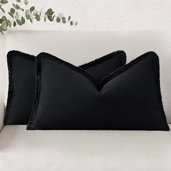 decorUhome Linen Fringe Lumbar Throw Pillow Covers Set of 2 Decorative Black Pillow Covers with Tassels Soft Accent Boho Farmhouse Pillow Cases for Couch Bed Sofa 12x20 Inch