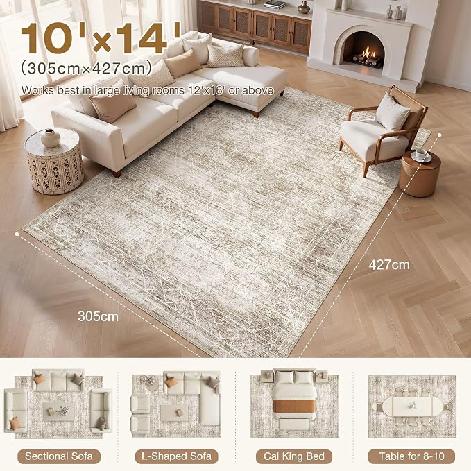 cotiled Washable Area Rugs 10x14 Living Room | Non Slip Backing, Stain Resistant, Pet Friendly, Large Neutral Soft Indoor Carpet For Bedroom, Nursery, Office, Beige/Brown
