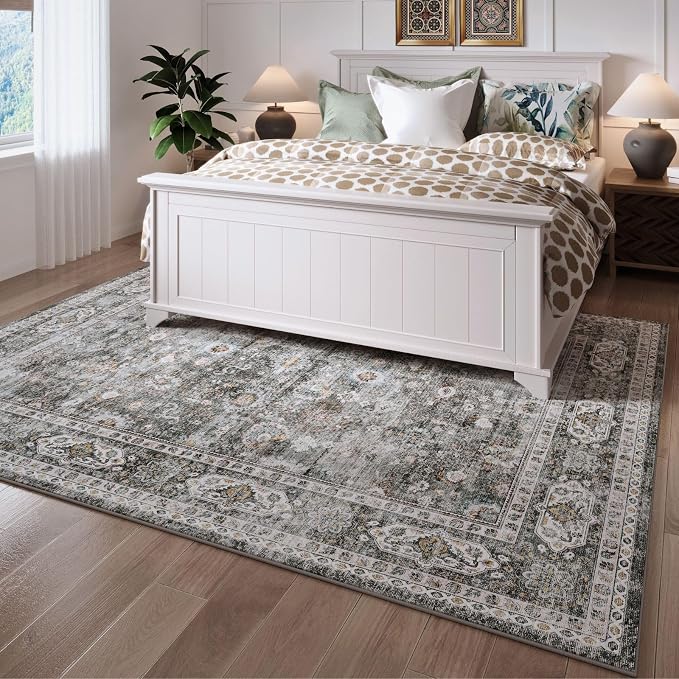 Rugcomf 9x12 Rug Washable Boho Soft Large Area Rug Non-Slip Faux Wool Vintage Rug for Living Room, Farmhouse, Dining Room, Indoor, Kids Playroom (Grey)