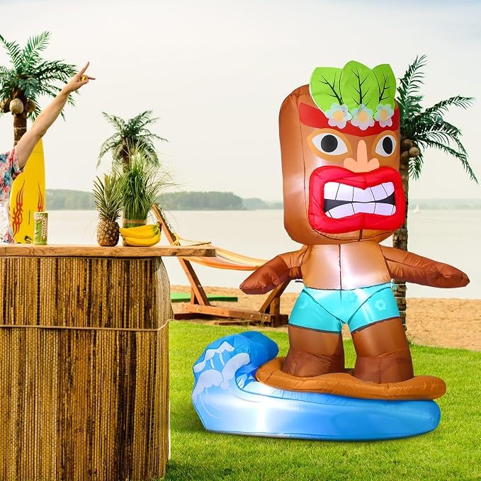 Shappy 5 ft Inflatable Tiki Surfboard Decorations Luau Hawaiian Party Decorations Summer Inflatables Outdoor LED Lighted Tiki Blow up Beach Tropical Pool Surfing Yard Party Supplies Favors