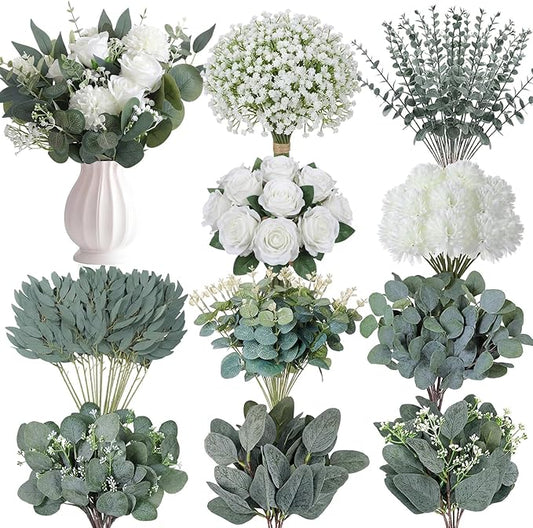 Tigeen 180 Pcs 10 Kinds Mixed Fake Eucalyptus Leaves Stems Bulk Artificial Eucalyptus Stems Roses Baby Breath Silver Dollar Leaves Picks Dried Faux Spray for DIY Wedding Bouquets Vase Party Decor