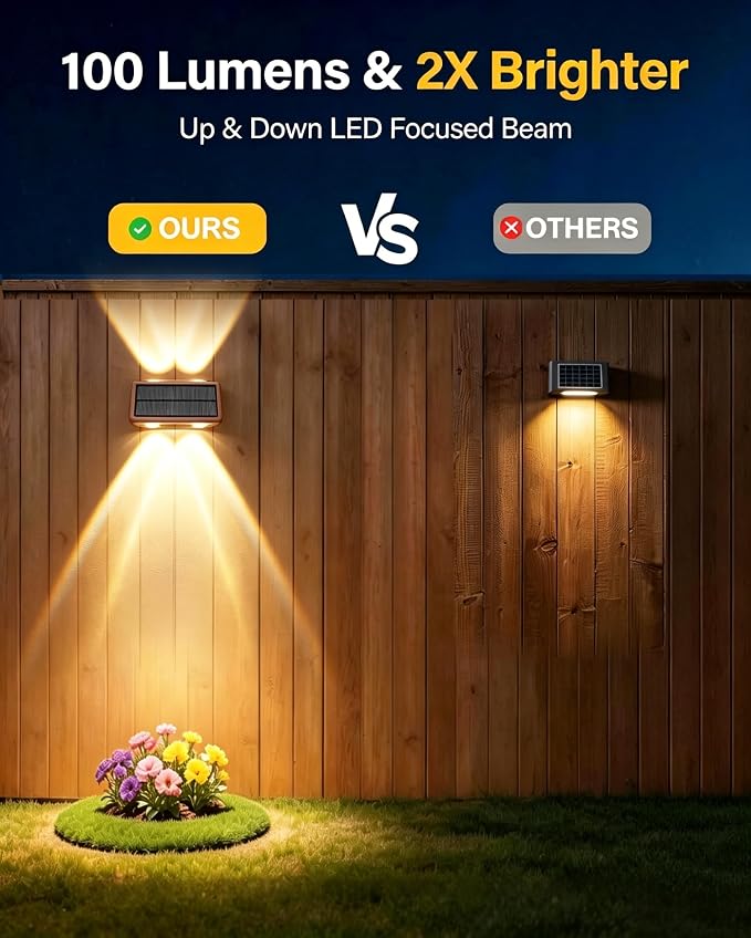 Solar Fence Lights Outdoor, 2 Pack 100LM Fence Lights Solar Powered, 9 Color Modes, Up and Down LED Focused Beam, 12H Dusk to Dawn Glow for Pool/Patio/Wall/Backyard - Matte Brown