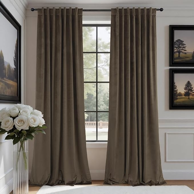 Dark Brown Velvet Curtains for Living Room 96 Inch Long 2 Panels Soundproof Mid Century Modern Rustic Neutral Earth Tone Decorative Window Drapes for Bedroom Sliding Door Cottage Core Decor 96 Length