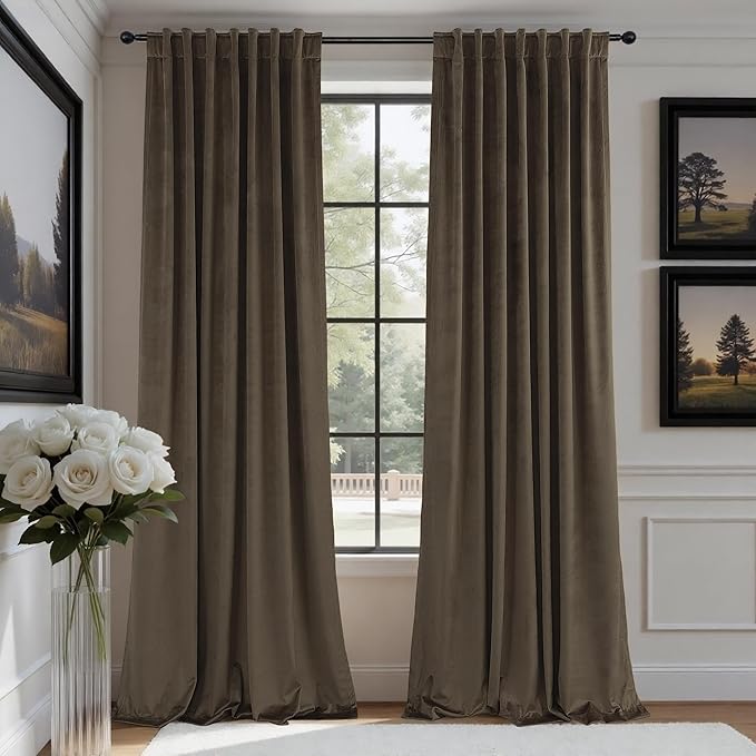 Brown Velvet Curtains 84 Inch Long for Bedroom Luxury Earthy Home Decor Thermal Insulated Light Blocking Dark Chocolate Brown Drape for Living Room Darkening 52x84 Floor Length 2 Panel Back Tab Pocket