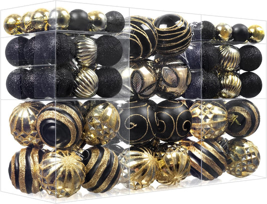 100Pcs Christmas Balls Ornaments Set, Shatterproof Christmas Decorations with Hand-held Gift Package for Xmas Tree/Holiday/Wedding/Holiday/Party Decor (Black & Gold)