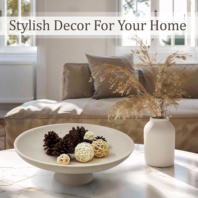 LIN CHUAN Large Decorative Bowl, Modern Resin Pedestal Bowl for Home Decor, Stylish Fruit Bowl for Kitchen Counter, Chic Key Holder for Entry Table, Beige