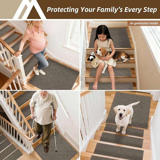 COSY HOMEER Stair Landing Rugs Non-Slip Corner Indoor Edging Stair Treads for Wooden Steps,Washable Soft Stair Landing Mat for Kids,Elder and Dogs,Polyester,TPE Backing,Light Brown,30x30inch