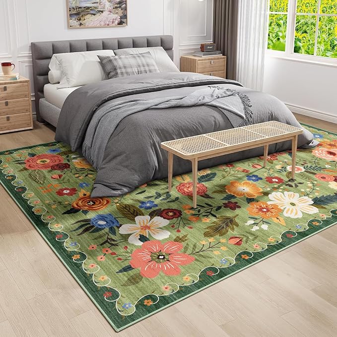 8x10 Washable Area Rug for Living Room, Floral Non-Slip Non-Shedding & Easy Care Light Green Large Soft Low Pile Indoor Floor Carpet for Living Room Bedroom Farmhouse Dining Room Kids Playroom