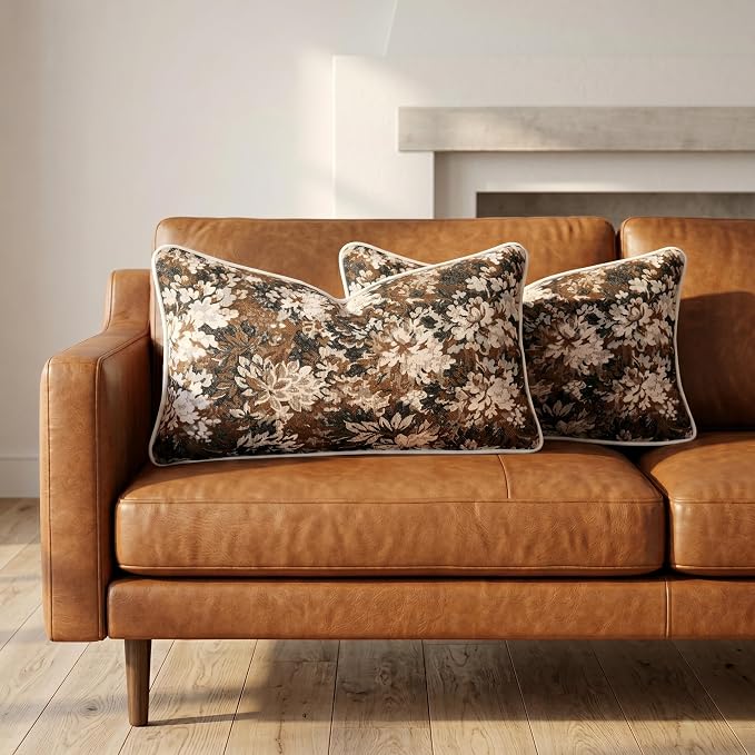 Vintage Floral Throw Pillow Covers 12x20 Inches Set of 2 Lumbar Boho Pillow Cases Premium Chenille Textured Decorative Cushion Covers for Couch Retro Garden Farmhouse Style Brown