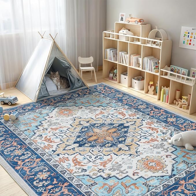 Lofus 9x12 Area Rugs for Living Room, Washable Area Rug, Rugs for Bedroom, Kitchen, Vintage Boho Carpet, Soft Non-Slip, Low Pile Large Area Rug for Office Dining Room, Floral Blue