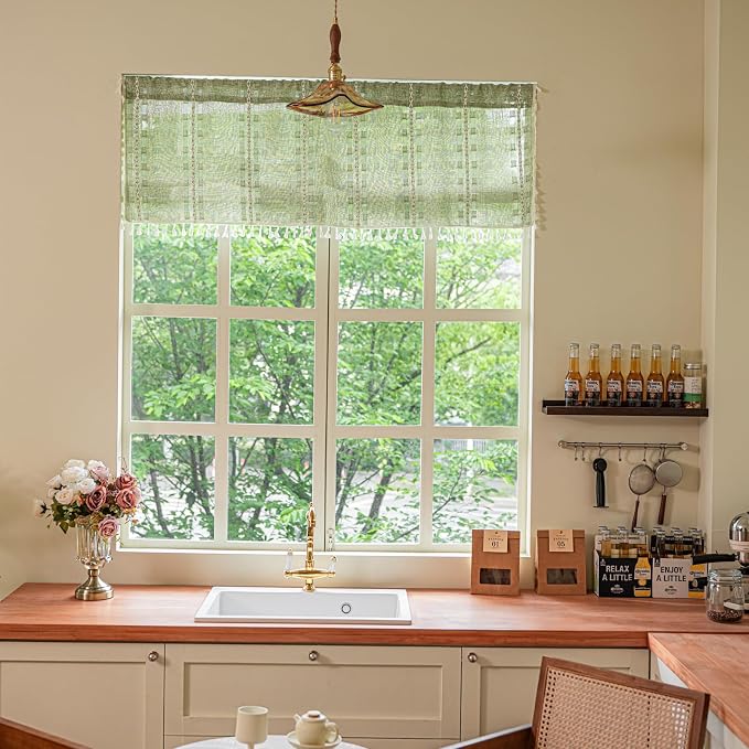 Deeprove Boho Valance Window Kitchen Curtain Over Sink, Short Textured Striped Tassel Drape Tier Embroidered Shabby Chic for Cafe Dining Bathroom Closet, W52 x L18 inch Rod Pocket 1 Panel Sage Green