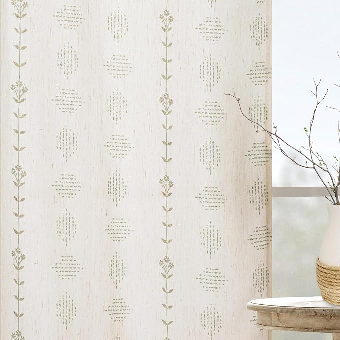 Coastal Striped Curtains for Living Room, Sand Tan Beachy Farmhouse Linen Sheer Drapes for Living Room Bedroom 96 Inch Long 2 Panel Set