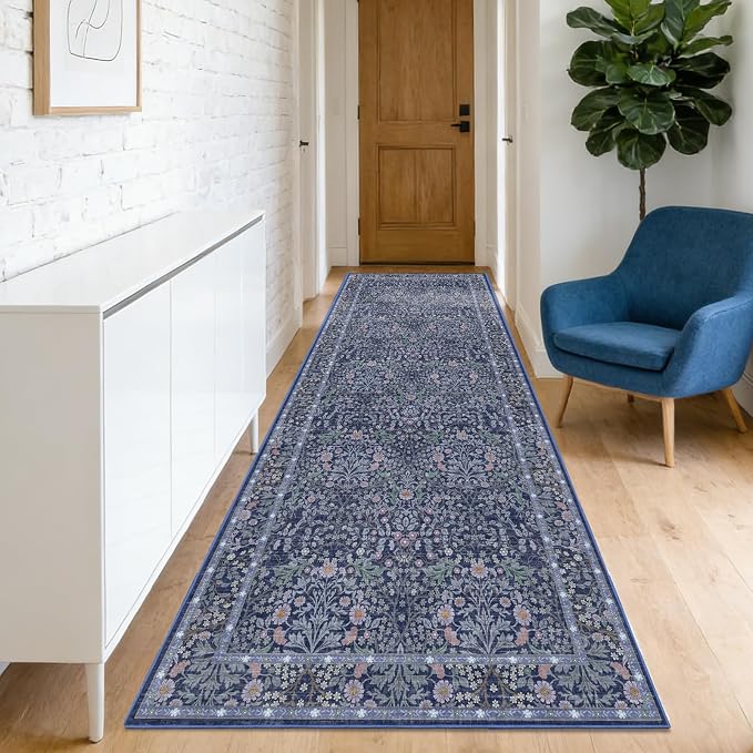 Washable 2'6" x 10' Runners for Hallways, Non Slip Long Floor Runner for Kitchen, Entryway Indoor, Stain Resistant Rubber Backing Floral Decor Rug (Blue)