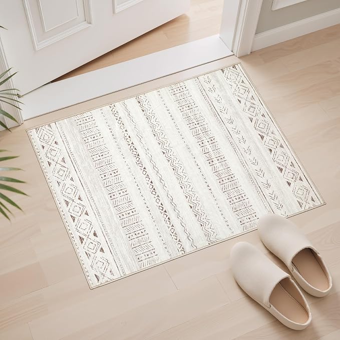 cotiled Washable 2x3 Entryway Rug: Washable Boho Rugs with Non Slip Backing Small Soft Indoor Stain Resistant Carpet for Kitchen Front Lightweight Home Decor L Brown/Cream