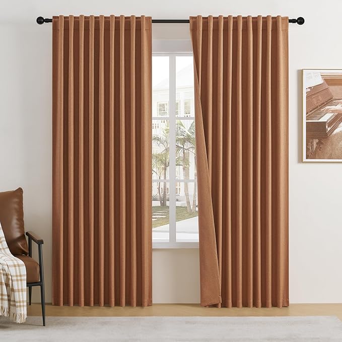 DUALIFE 72 Inch Wide Curtains for Living Room 96 Inch Long 2 Panels Faux Linen Blackout Window Treatment Pole Pocket Back Tab Pinch Pleated Orange Curtains for Bedroom 72x96 Rust Fall Color