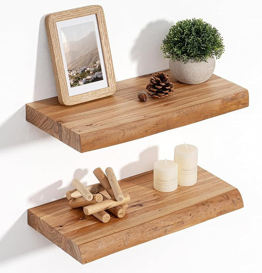 Floating Shelves for Wall, Rustic Solid Elm Wood Live Edge Floating Shelves Wall Mounted, Wall Shelves with Invisible Bracket for Living Room Bedroom Bathroom Kitchen, 15.7 Inch Set of 2, Natural