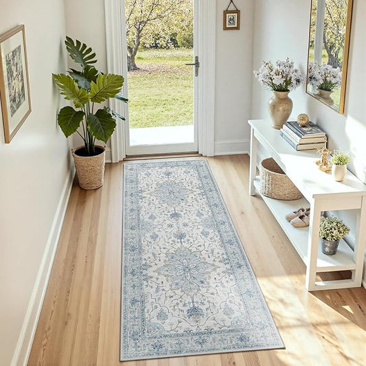 RELEANY Area Rugs Runner 3'x8' Washable Non-Slip, Floral Vintage Distress Medallion Carpet for Kitchen Hallway Bedroom Beside Laundry Room Bathroom, Light Blue Navy Gray White