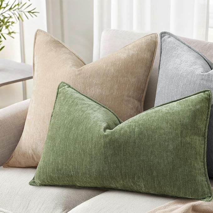 decorUhome Fall Couch Throw Pillow Covers 12x20 Set of 2, Decorative Soft Velvet Modern Cozy Chenille Lumbar Pillow Cases with Elegant Design for Sofa Bed Living Room Home Decor, Olive Green