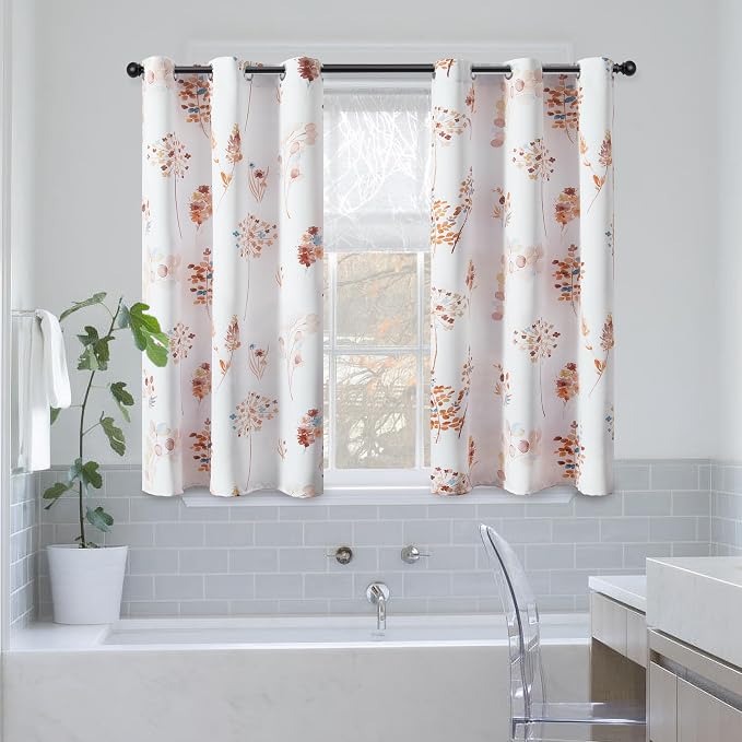 XTMYI Orange Curtains for Kitchen,Boho Colorful Floral Short Curtains for Window Bedroom,45 Inch Length Terracotta and Dark Blue