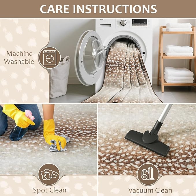 Soft Antelope Rug 4x6 Ft, Animal Print Rugs for Living Room Bedroom, Non-Slip TPR Backing for Hardwood Floors, Machine Washable & Easy to Clean, Pet Friendly Carpet for Kids, Brown, White