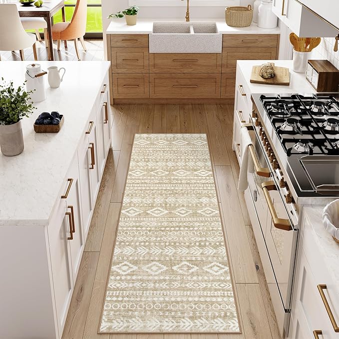 Lahome Boho Geometric Washable Runner Rug, 2x6 Low-Pile Tan Long Bathroom Runner Rug Non Slip Washable, Rustic Print Pattern Soft Bedroom Carpet Runner 6ft for Entryway Laundry Room Varena