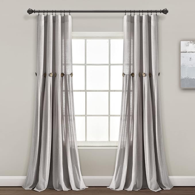 Lush Decor Linen Button Window Curtain Panel, Single, 40" W x 95" L, Gray- Country Curtains - Rustic Decor - Color Block - Modern Farmhouse Curtains