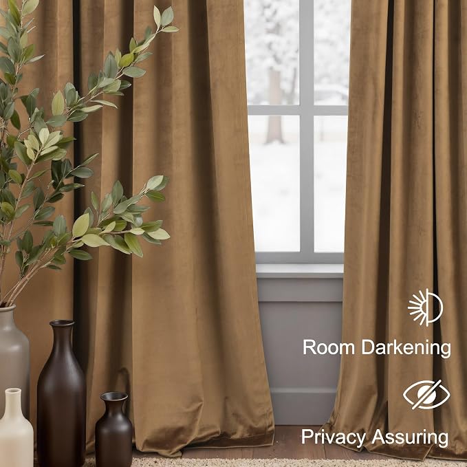 Gold Brown Velvet Curtains 102 Inches Long 2 Panels for Dining Room Darkening Floor Length Heat Blocking Decorative Drapes Cozy Luxury Bedroom Curtains for Door French Country Retro Cottage Core Decor