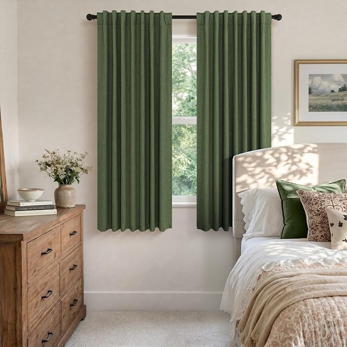 Pitalk Olive Green Blackout Curtains 63 Inch Length 2 Panel for Boys Bedroom Kids Nursery Decorative Linen Room Darkening Grass Forest Green Curtains Sound Draft Cold Heat Light Blocking Retro Vintage