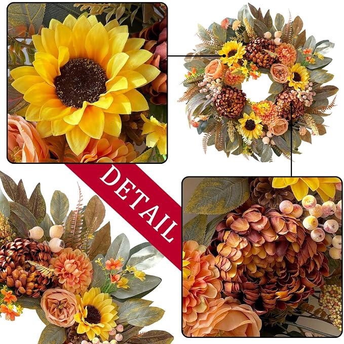 WANNA-CUL 24 Inch Sunflower Fall Front Door Wreath Farmhouse Harvest Decor | Autumn Wreath with Roses Dahlias Pinecones Berries Indoor Outdoor Boho Wall Mantel Table Centerpiece Thanksgiving Decorations