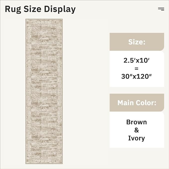 Runner Rug 2'6" x 10' Washable Non-Slip Runner Rugs for Kitchen Bathroom Laundry Room Vintage Ultra Thin Runners for Hallway Entryway Brown