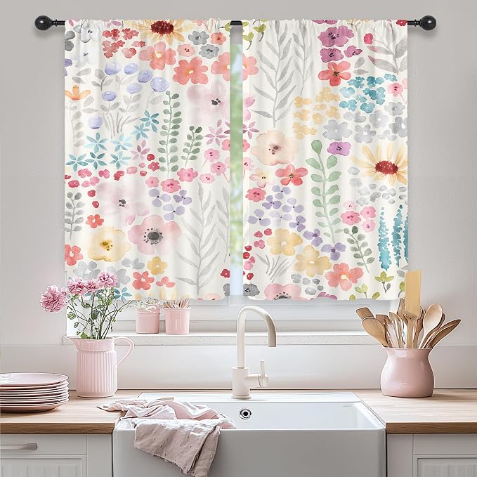 Riyidecor Colorful Floral Kitchen Curtains Short Pink Cute Boho Watercolor Wildflower Plant Leaf Botany Trendy Rod Pocket Aesthetic for Girl Bedroom Living Room Treatment Fabric 2 Panels 26Wx36H Inch