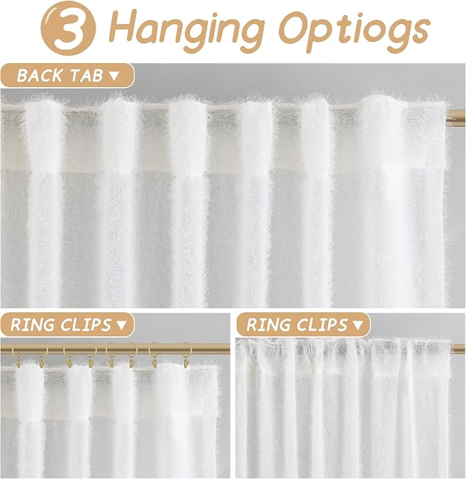 Sheer White Curtains 84 inch Long 2 panels for Living Room Modern Farmhouse White Fluff Curtains Back Tab Shabby Chic Boho Curtain Semi Sheer Nursery Kids Aesthetic Elegant Drape 52x84 Length