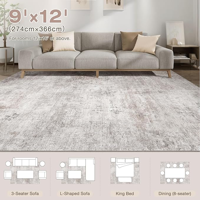 Abstract 9x12 Area Rug: Machine Washable Non Slip Ultra Thin Low-Pile Carpet, Soft Stain Resistant for Living Dining Room Bedroom, Kid Pet Friendly, Robot Vacuum Compatible - Brown Grey