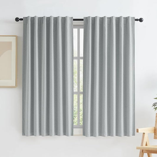 KEQIAOSUOCAI Linen Blackout Curtains Back Tab Rod Pocket Hook Belt Short Curtain Panels for Small Window Cafe Kitchen Curtains 45 Inch Length, 2 Panels, Light Grey, W50 x L45