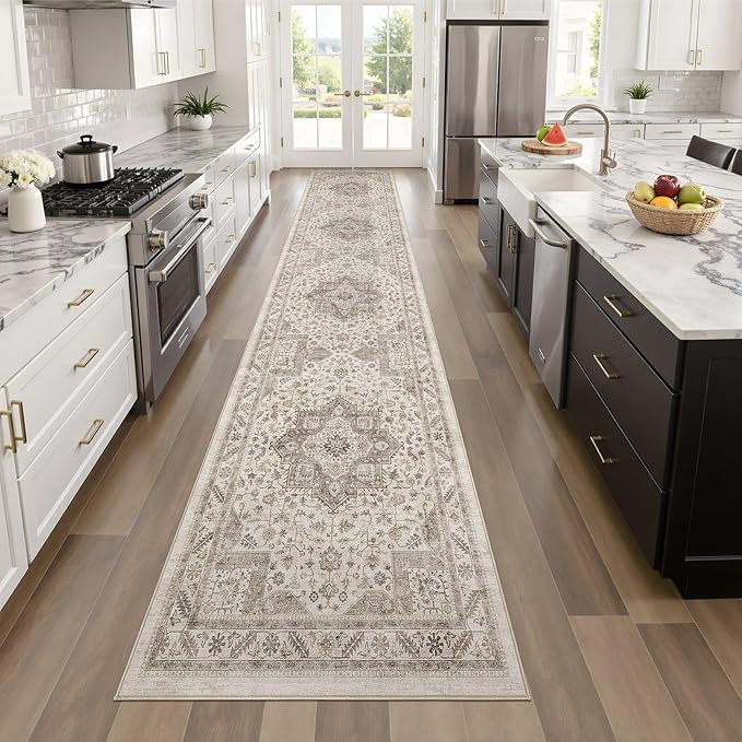 Vintage Hallway Runner Rug 2x8: Large Soft Washable Entryway for Kitchen Laundry Room Non-Slip Backing Runner for Entrance Living Room Bedroom Bathroom - Light Brown
