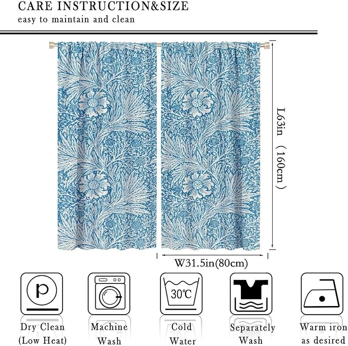 Bohe Vintage Floral Blackout Windows Curtains, William Morris Original Design Blue Flower Pattern Rod Pocket Curtains, for Living Room Bedroom 31.5(W)*63(L) 2 Panels