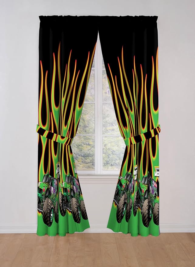 Sunny Side Up Window Curtains for Kids Bedroom 4-Piece Drape Set with 2 Tiebacks, Black - Monster Jam, 42" W x 84" L (Pack of 2)