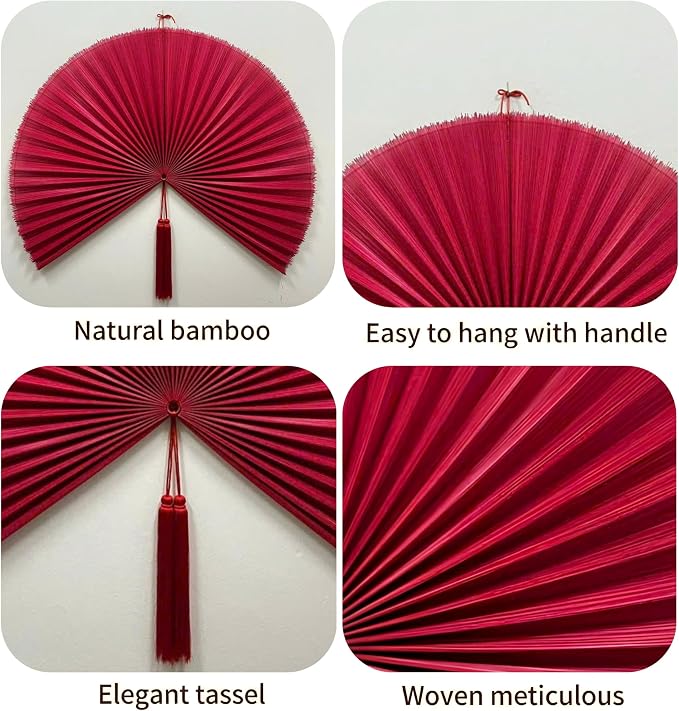 SUCHUBU Red Bamboo Wall Fan, Vibrant Handwoven Wall Decor, 47" Asian Folding Fan Art, Japanese Hanging Decor for Bedroom, Bold Boho Wall Accent, Hook Strap Included (Red, Large)