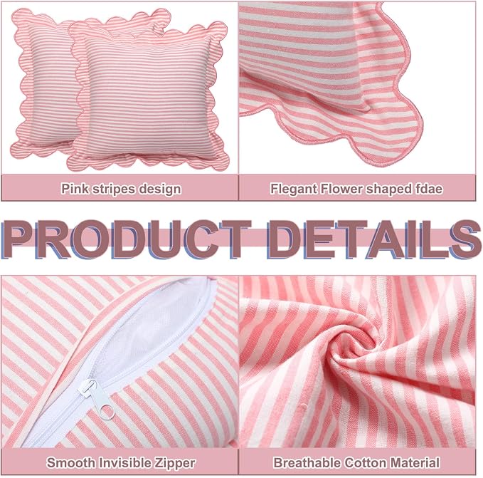 Newwiee 2 Pack Scalloped Pillow Cover 18 x 18 Inch Stripe Throw Pillow Cover Cotton Decorative Pillowcase for Women Men Couch Living Room Cushion Indoor Outdoor Decoration(Pink, Scalloped)
