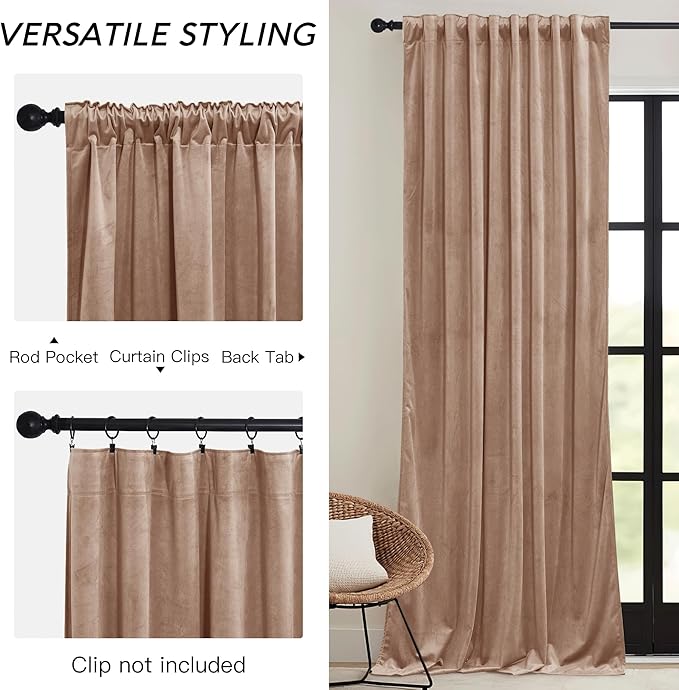 RYB HOME Blush Velvet Curtains 102 inches with Hook Belt, Soft Fabric Room Darkening Thermal Insulated Luxurious Home Decor Curtains for Living Room Bedroom, W 52" x L 102", 2 Panels Set