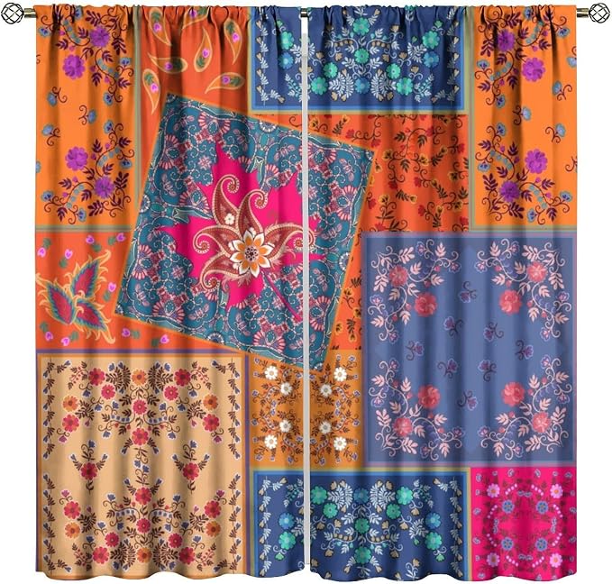 Bohemian Patchwork Blackout Curtains, Paisley Floral Print Window Treatments, for Bedrooms, Living Rooms, and Kitchens55X63 Inch