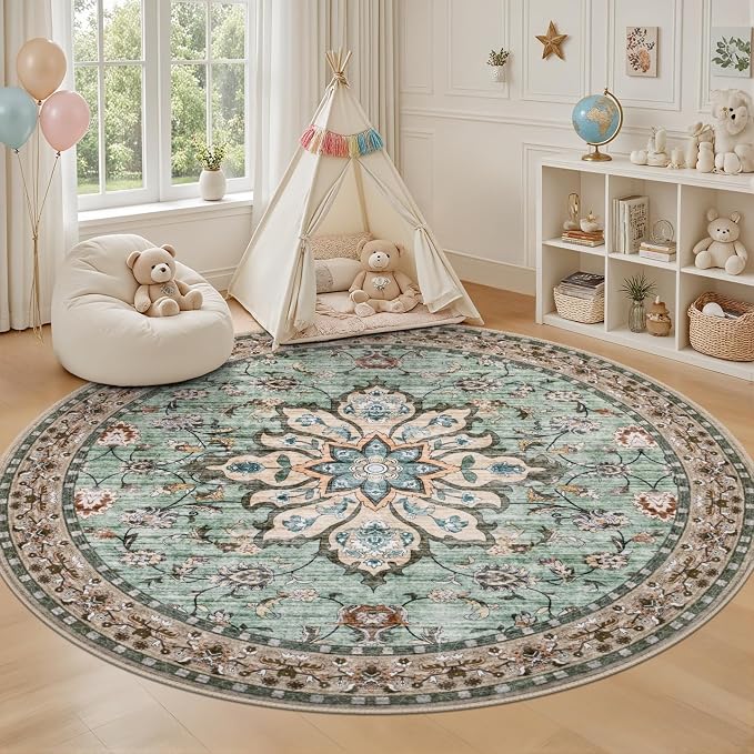 Round Area Rug for Living Room: 8 ft Washable Vintage Boho Soft Thin Circle Rug Indoor Floor No Slip Stain Resistant Carpet for Bedroom Dining Room Farmhouse Nursery Home Office - Brown Green